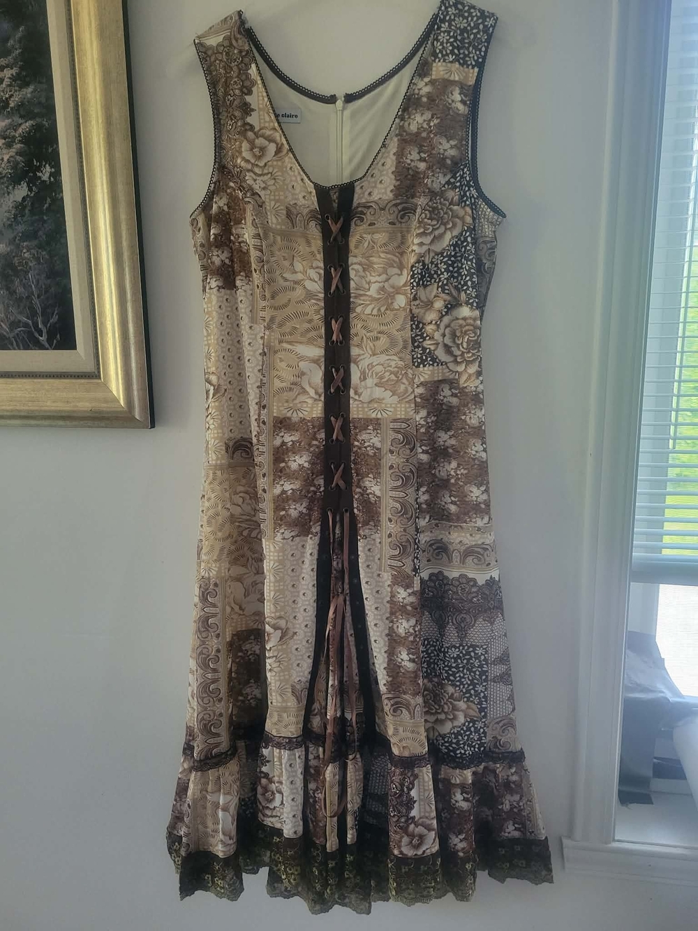 Sleeveless Patchwork Midi Dress in Beige and Brown with Lace-Up Front
